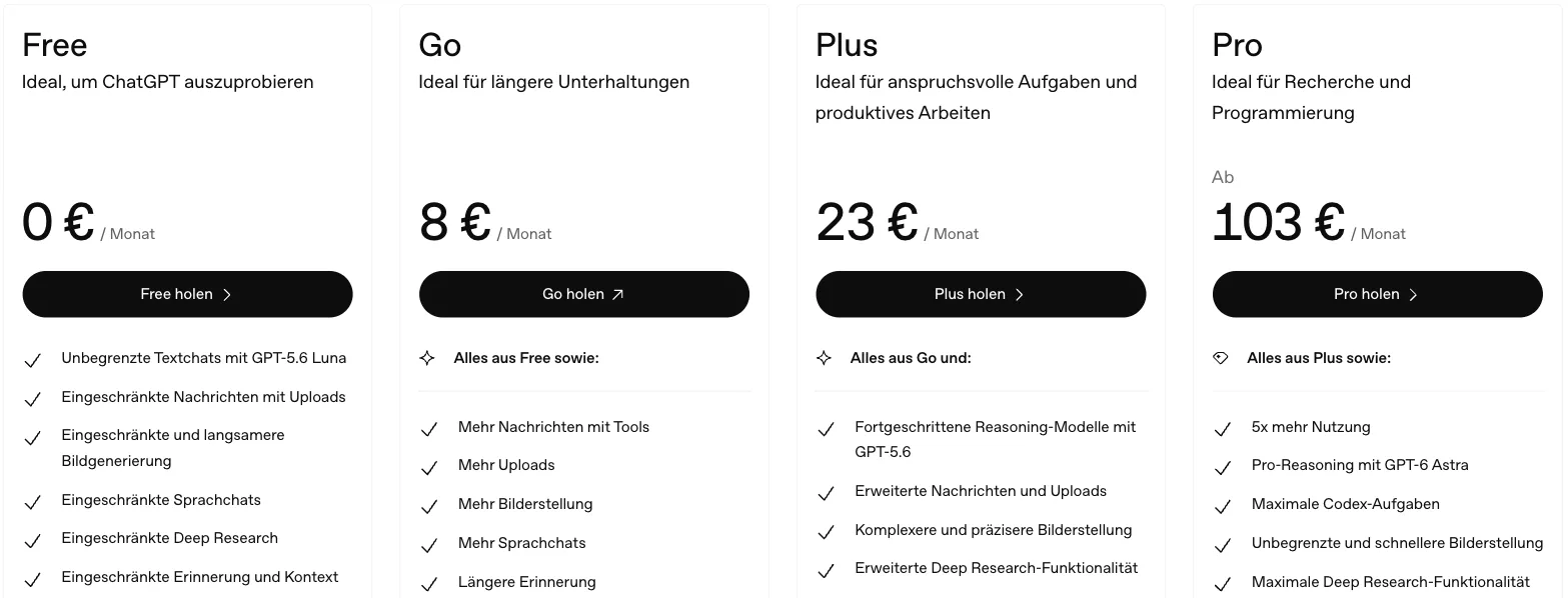 ChatGPT-Preisseite Deutschland: Free 0 €, Go 8 €, Plus 23 €, Pro ab 103 € pro Monat mit Leistungslisten ChatGPT-Preisseite Deutschland: Free 0 €, Go 8 €, Plus 23 €, Pro ab 103 € pro Monat mit Leistungslisten