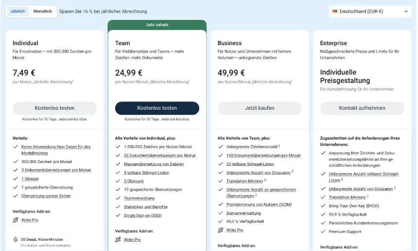 DeepL-Preisseite, jährliche Abrechnung: Individual 7,49 €, Team 24,99 €, Business 49,99 €, Enterprise individuell, mit Leistungslisten DeepL-Preisseite, jährliche Abrechnung: Individual 7,49 €, Team 24,99 €, Business 49,99 €, Enterprise individuell, mit Leistungslisten