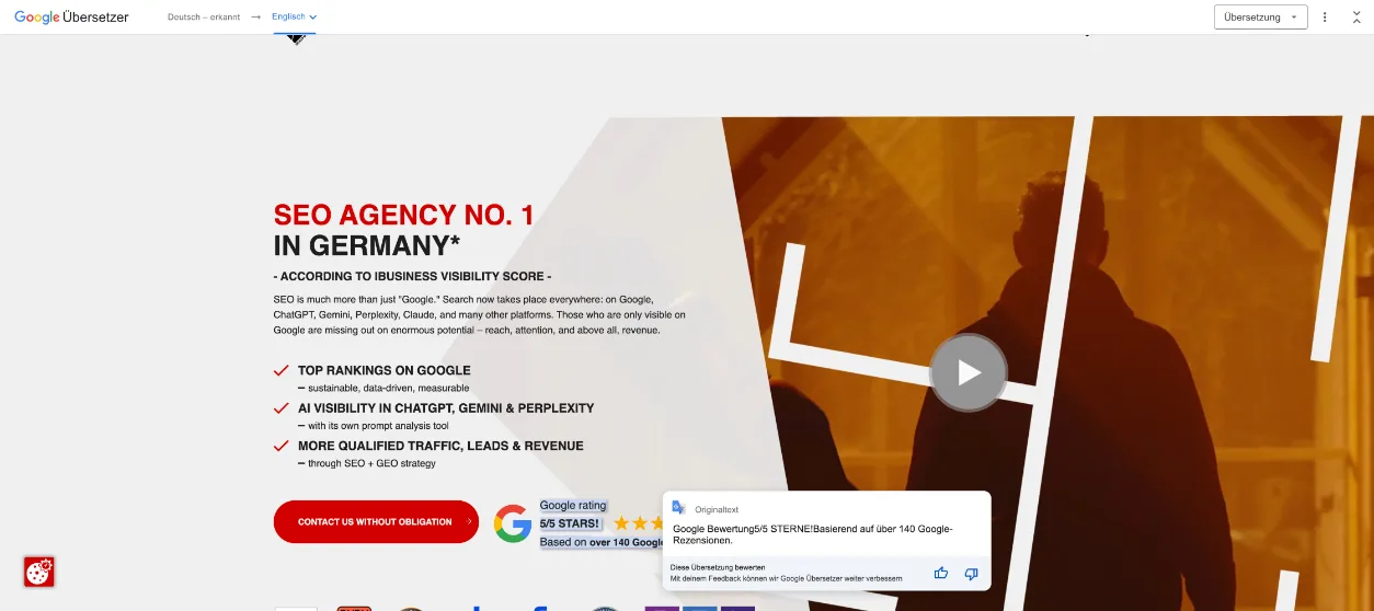 Die Startseite von suchhelden.de, von Google ins Englische übersetzt („SEO Agency No. 1 in Germany“), mit eingeblendetem Originaltext eines Satzes Die Startseite von suchhelden.de, von Google ins Englische übersetzt („SEO Agency No. 1 in Germany“), mit eingeblendetem Originaltext eines Satzes