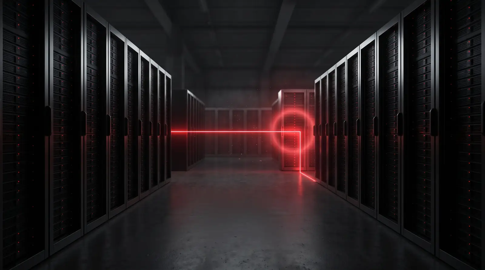 Dunkle Serverhalle, ein roter Lichtstrahl führt zielgenau durch die Gänge zu einem einzelnen Serverschrank