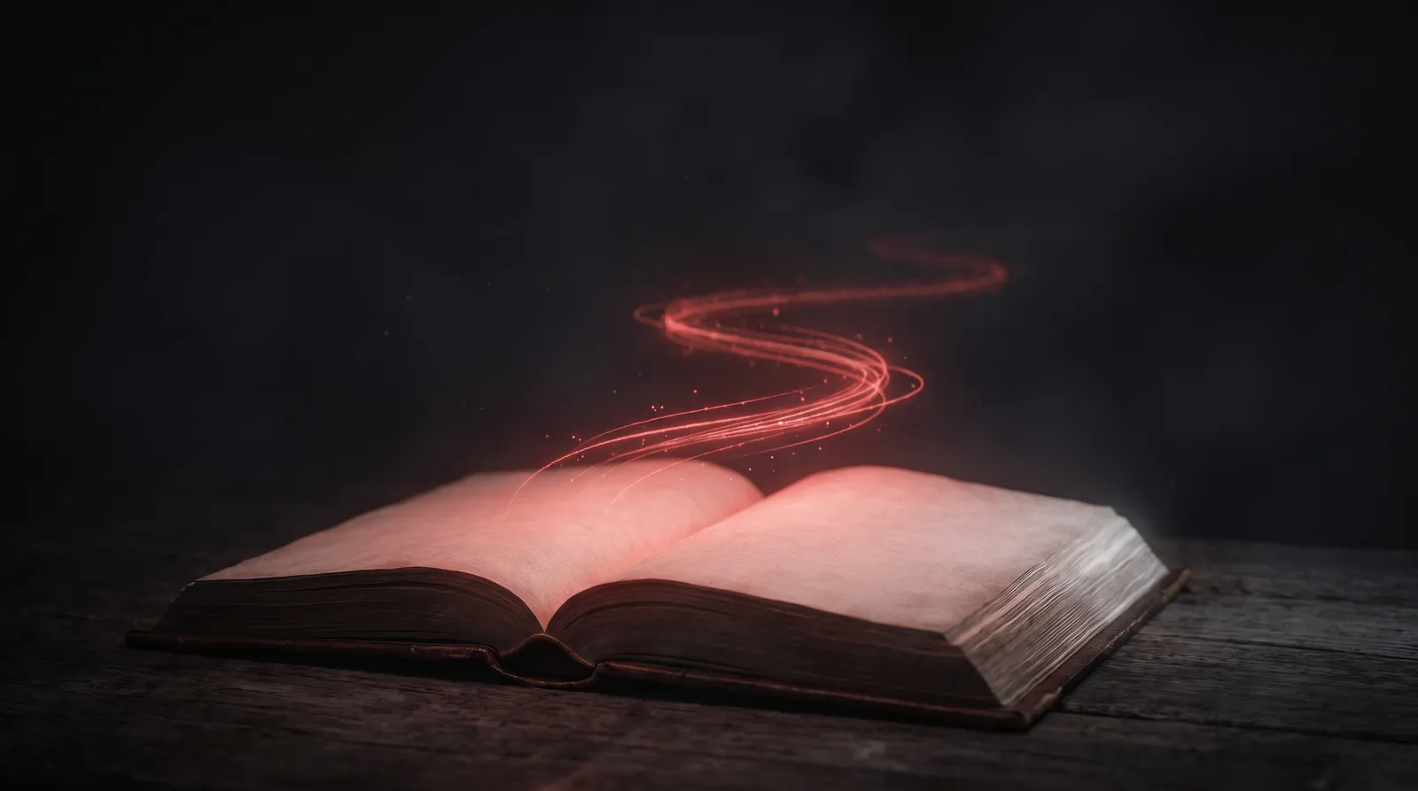 Ein offenes Buch, aus dem ein rot leuchtender Weg in die Dunkelheit führt