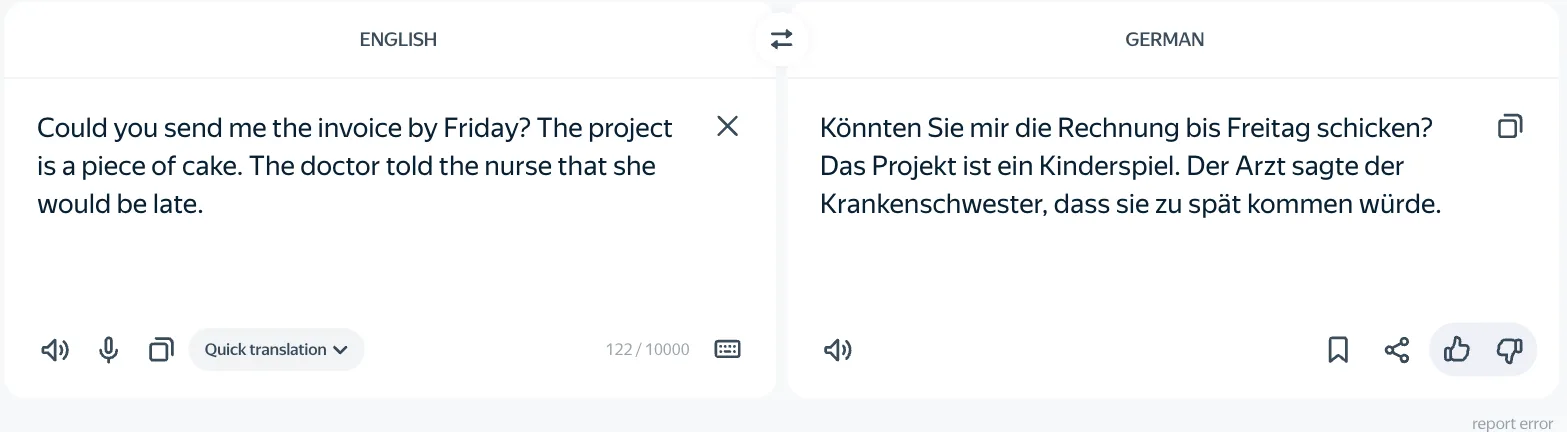 Englisch nach Deutsch: „Könnten Sie mir die Rechnung bis Freitag schicken? Das Projekt ist ein Kinderspiel. Der Arzt sagte der Krankenschwester, dass sie zu spät kommen würde.“ Englisch nach Deutsch: „Könnten Sie mir die Rechnung bis Freitag schicken? Das Projekt ist ein Kinderspiel. Der Arzt sagte der Krankenschwester, dass sie zu spät kommen würde.“