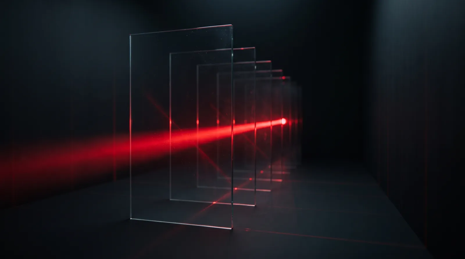 Glasplatten in einer Reihe, durch die ein roter Lichtstrahl läuft
