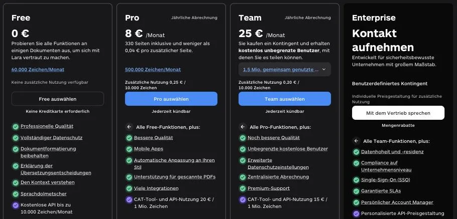 Lara Preise bei jährlicher Abrechnung: Free 0 € mit 60.000 Zeichen im Monat, Pro 8 € im Monat mit 500.000 Zeichen, Team 25 € im Monat mit 1,5 Mio. Zeichen, Enterprise auf Anfrage Lara Preise bei jährlicher Abrechnung: Free 0 € mit 60.000 Zeichen im Monat, Pro 8 € im Monat mit 500.000 Zeichen, Team 25 € im Monat mit 1,5 Mio. Zeichen, Enterprise auf Anfrage