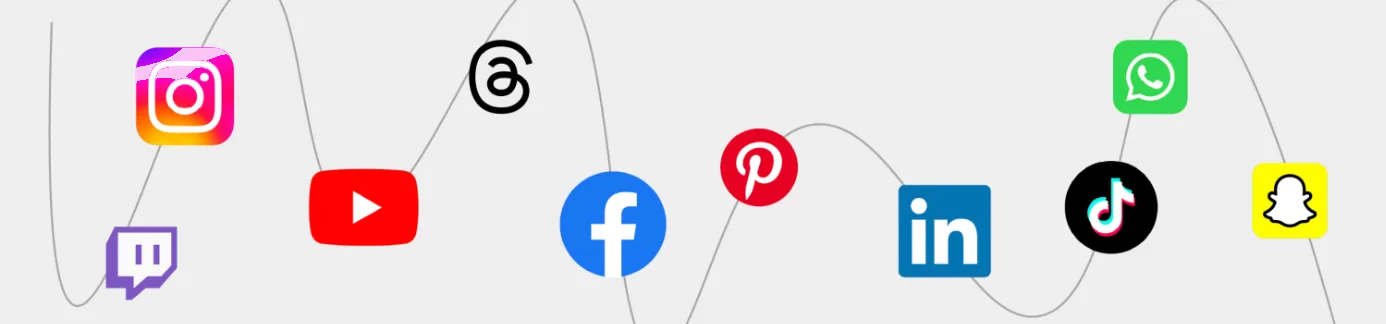 Logos von Instagram, Twitch, YouTube, Threads, Facebook, Pinterest, LinkedIn, TikTok, WhatsApp und Snapchat