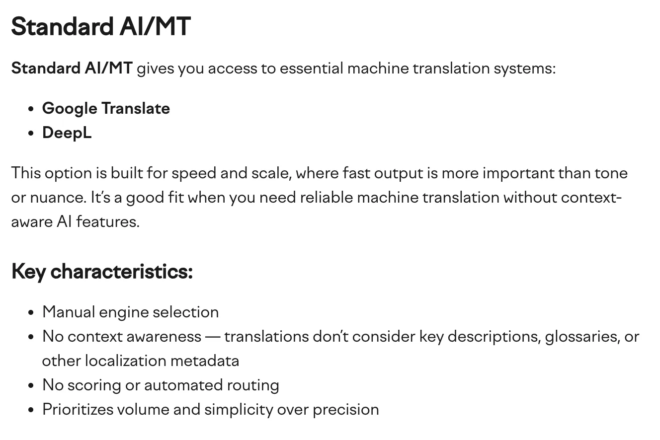 Lokalise-Hilfe: Standard AI/MT bietet Google Translate und DeepL; manuelle Auswahl, kein Kontext, keine Bewertung Lokalise-Hilfe: Standard AI/MT bietet Google Translate und DeepL; manuelle Auswahl, kein Kontext, keine Bewertung