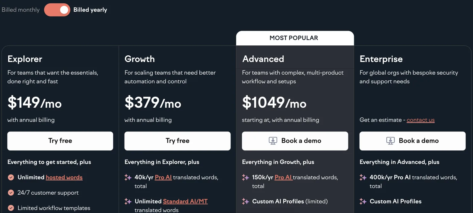 Lokalise Preisseite bei jährlicher Abrechnung: Explorer 149 $, Growth 379 $, Advanced ab 1.049 $ pro Monat, Enterprise auf Anfrage; Growth mit 40.000 Pro-AI-Wörtern pro Jahr, Advanced mit 150.000 Lokalise Preisseite bei jährlicher Abrechnung: Explorer 149 $, Growth 379 $, Advanced ab 1.049 $ pro Monat, Enterprise auf Anfrage; Growth mit 40.000 Pro-AI-Wörtern pro Jahr, Advanced mit 150.000