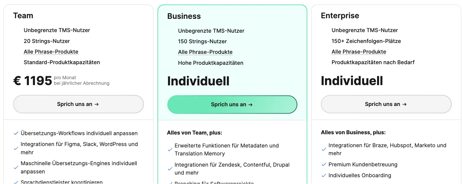 Phrase Preisseite, Business-Pläne: Team 1.195 € pro Monat bei jährlicher Abrechnung mit unbegrenzten TMS-Nutzern und 20 Strings-Nutzern; Business und Enterprise mit individuellem Preis Phrase Preisseite, Business-Pläne: Team 1.195 € pro Monat bei jährlicher Abrechnung mit unbegrenzten TMS-Nutzern und 20 Strings-Nutzern; Business und Enterprise mit individuellem Preis