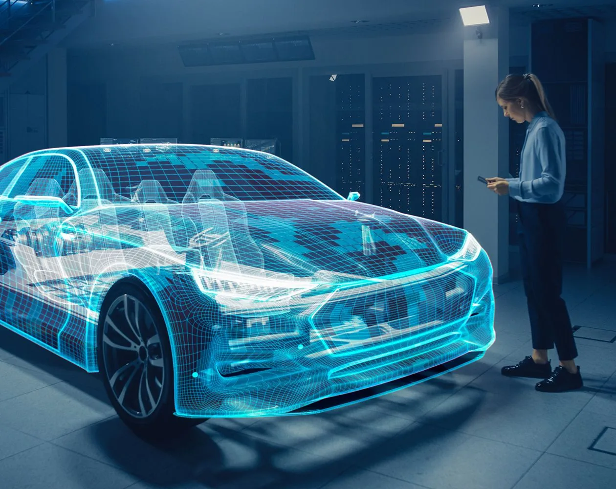 Weibliche Automobilingenieurin verwendet Digital Tablet mit Augmented Reality für Car Design