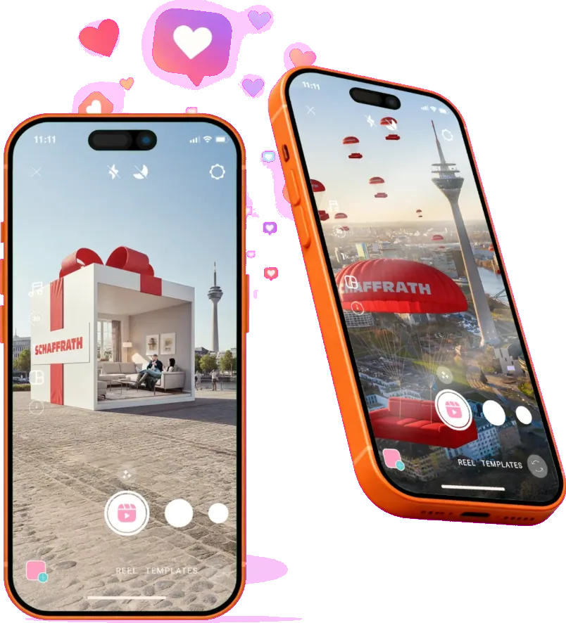 Zwei Smartphones zeigen KI-gestützte Visuals einer Social-Media-Kampagne